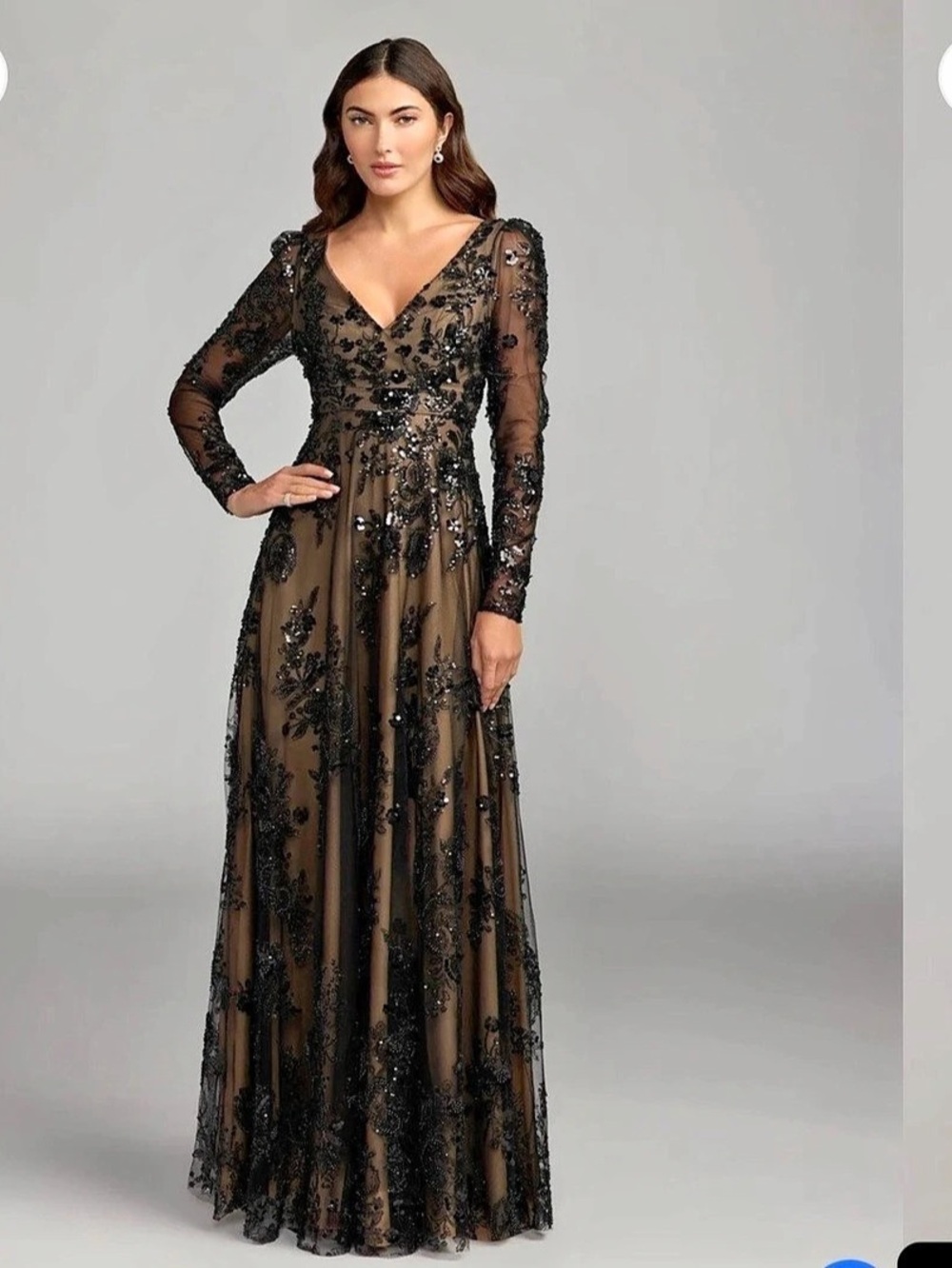 Pisarro Nights Beaded Long Sleeve Gown Floral Maxi Dress Black & Brown